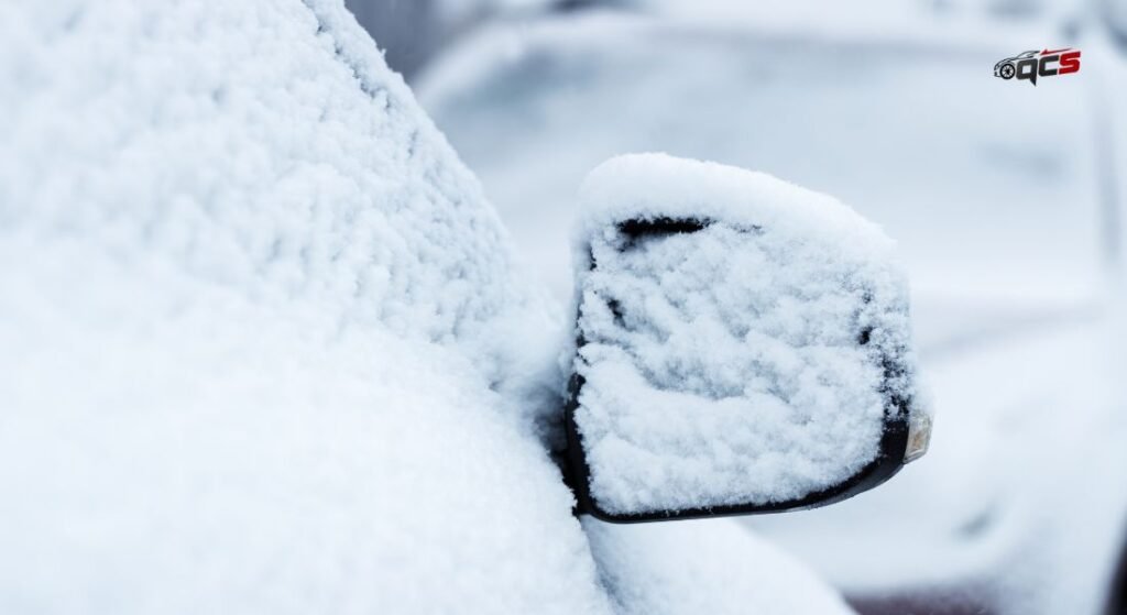 Snow flakes on side mirror